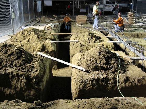 Pipe trench cut and shored for underground work
